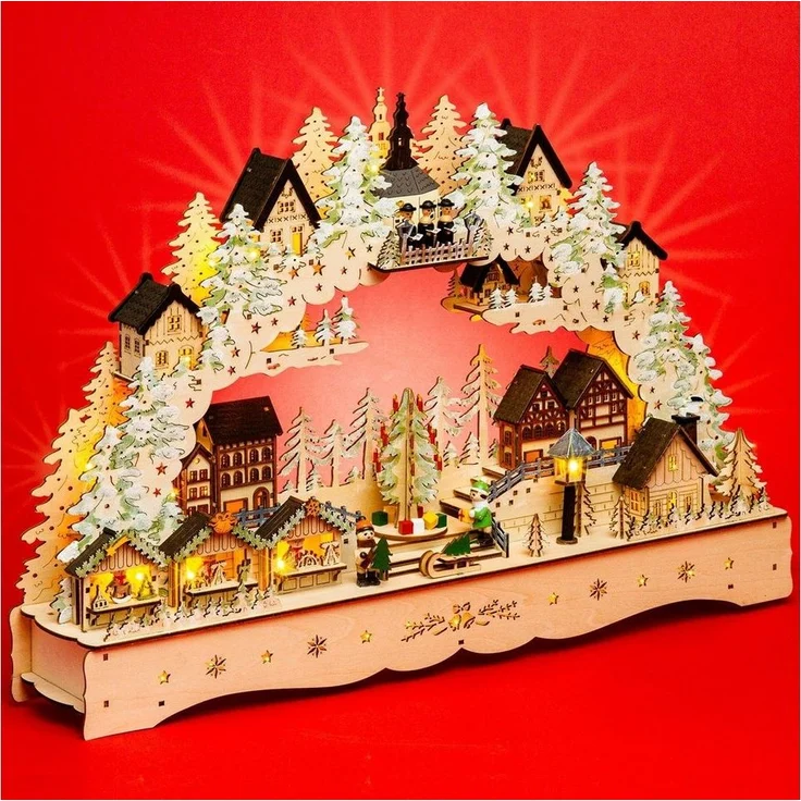 SIKORA Schwibbogen LB92 Weihnachtsdorf Seiffen mit LED Beleuchtung, Spieldose und motorbetriebenem Weihnachtsbaum B:58cm – Bild 2