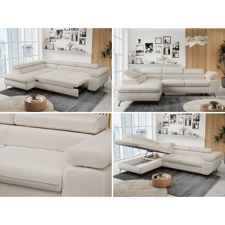 Mks Möbel 'Peter L-form' Ecksofa mit Bettfunktion, Bettkasten & einstellbaren Kopfstützen, Hellbeige, Mikrofaser, mit Topper, links – Bild 2