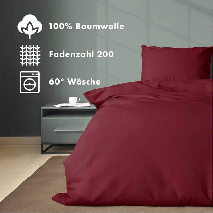 JACOBSON Bettwäsche 135x200 Set - 100% Baumwolle Bettbezug 135x200 cm + 1 Kissenbezug 80x80 cm, Perkal Bettwäsche 2-teilig mit Reißverschluss (135x200 cm, Bordeaux, 2-teilig) – Bild 3