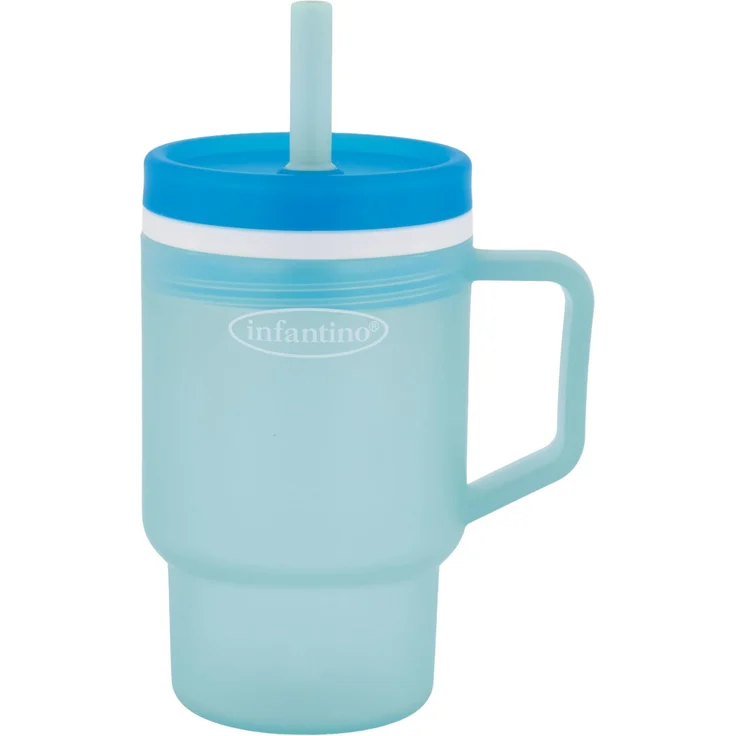Infantino My 1st Tumbler, 295 ml Robuster Trinklernbecher aus Kunststoff mit Strohhalm und Griff, Auslaufsicher, für Unterwegs, BPA-freier Übergangsbecher für Babys, Moody Blue