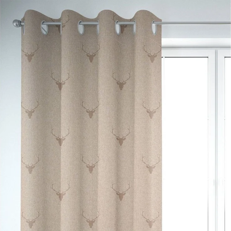 SCHÖNER LEBEN. Vorhang SCHÖNER LEBEN. Vorhang Jacquard Hirschkopf mit Geweih beige hellbraun, Ösen, blickdicht, Jacquard, handmade – Bild 1