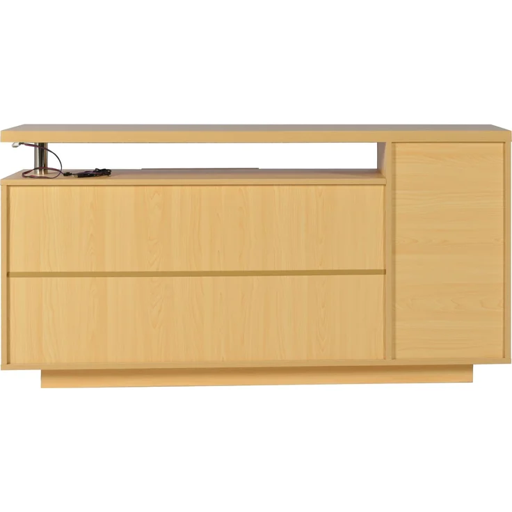 DESVIAE Sideboard mit LED-Beleuchtung und 3 Schubladen, 140x70x40 cm, Spanplatte, Weiß und Eiche hell – Bild 9