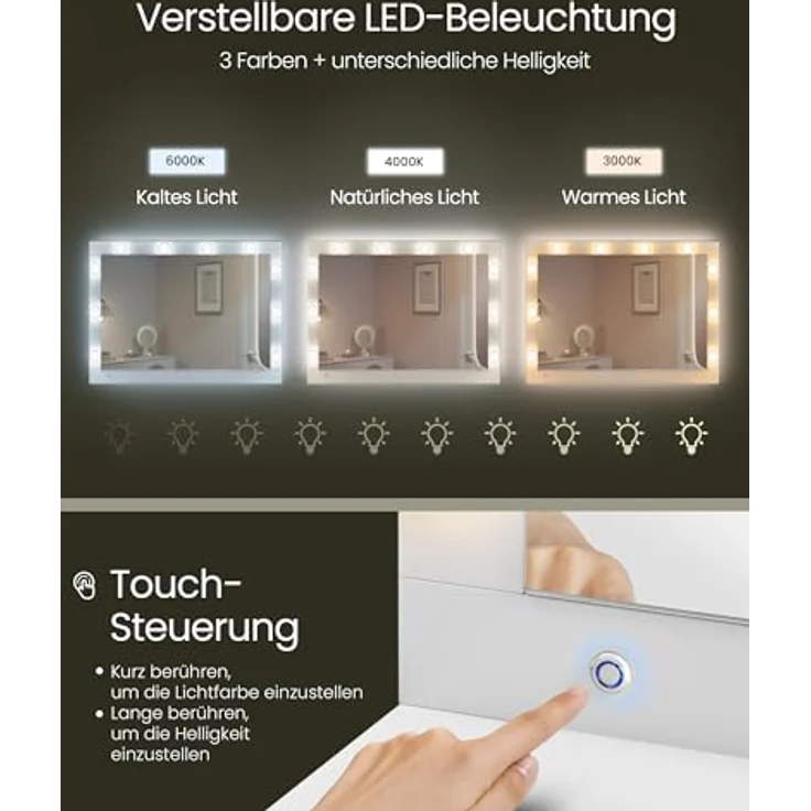 VASAGLE Schminktisch mit LED-Beleuchtung, mit Spiegel, Steckdosenleiste, mit Schubladen, modern, wolkenweiß, 40 x 125 x 140 cm – Bild 6