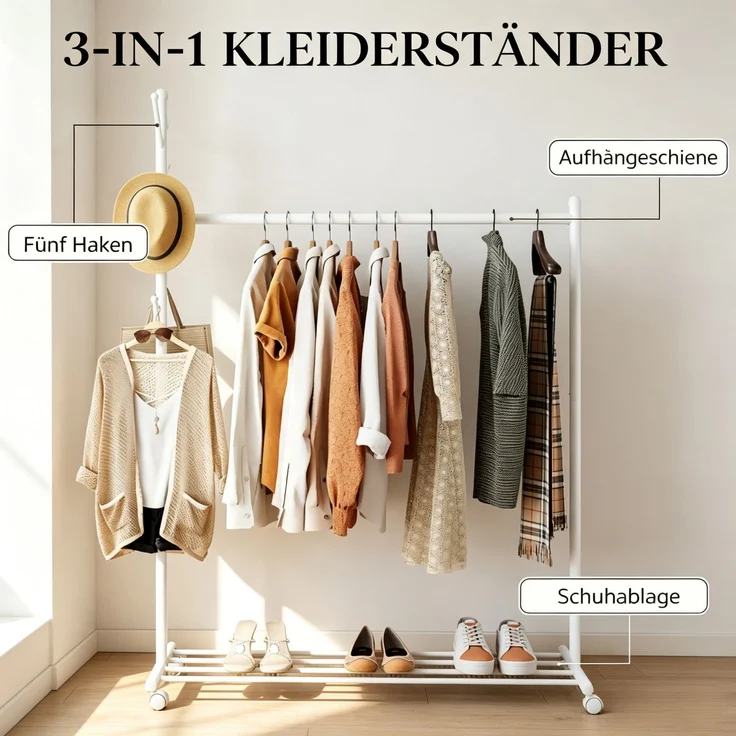 DESVIAE Regal als Garderobenständer Weiß aus Metall – 120x171x43 cm – Rollen, Schuhablage – Bild 5