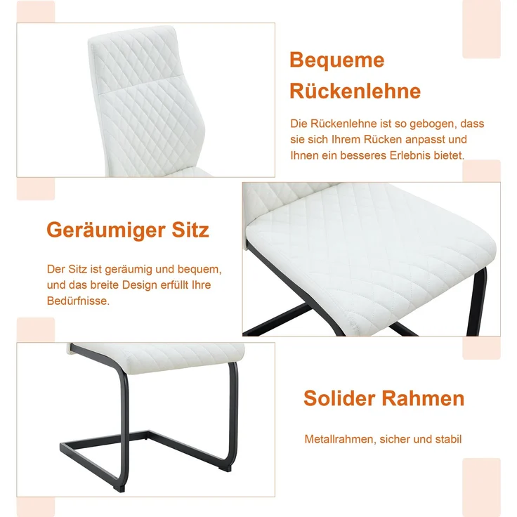 Esstischgruppe H 72 x T 60 x B 60 cm mit MDF-Tischplatte, weißen PU-Leder-Stühlen und schwarzem Metallgestell, mit 2 Stühlen – Bild 6