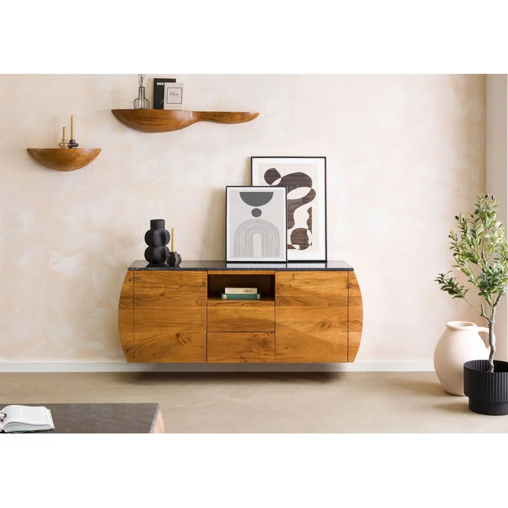 Sideboard Akazie 154 x 40 x 75 natur lackiert / Marmor schwarz MONTREAL #125 – Bild 2