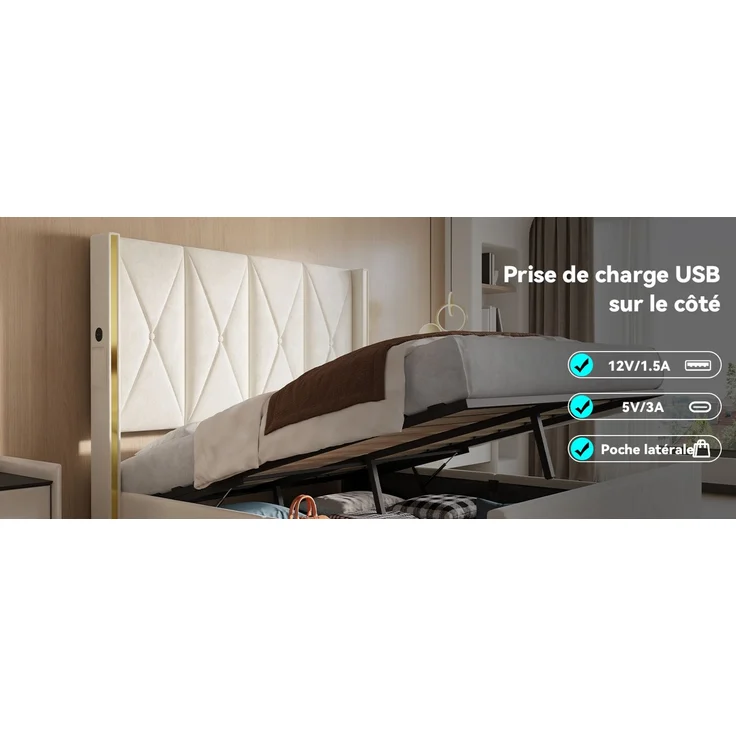 TavilaEcon Boxspringbett Veloursbett mit hohem Kopfteil, Seitentaschen & USB beige Liegefläche 160 × 200 cm – Bild 4