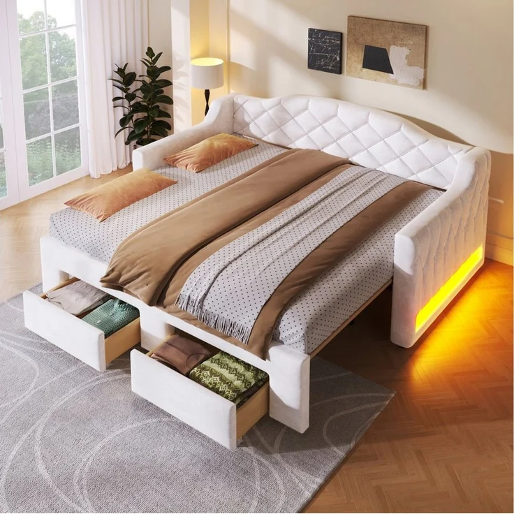 SOFTWEARY Schlafsofa mit Ausziehbett und Stauraum, mit Lattenrost und RGB LED-Streifen, Liegefläche erweiterbar, Polsterbett, Einzel- oder Doppelbett, Tagesbett, Daybett, Samt – Bild 2