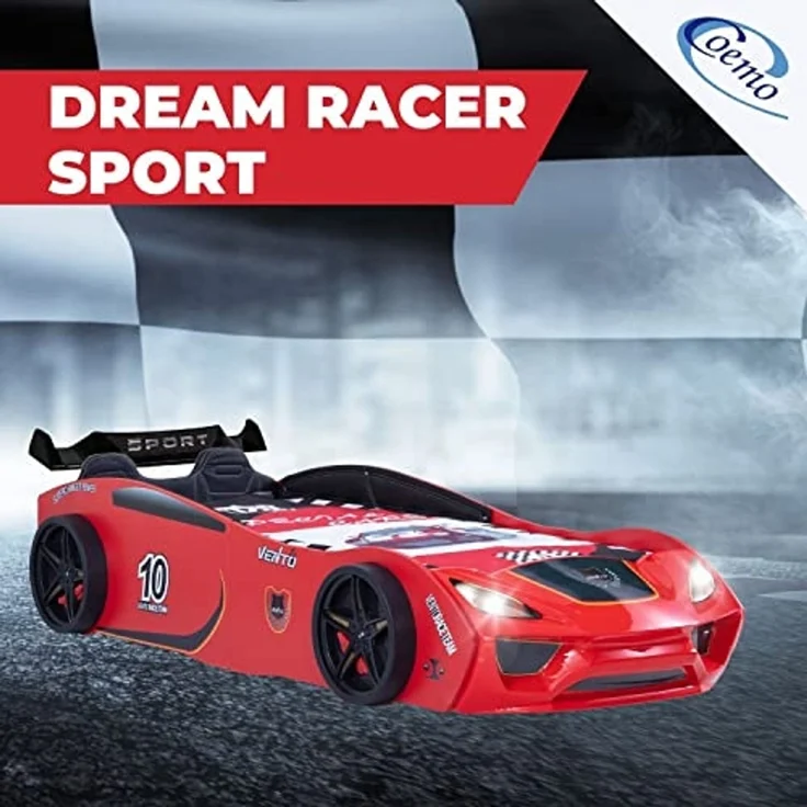 Coemo Autobett DREAM RACER (Spielbett mit Spoiler), Rot Kinderbett 90x200 Sportsitz Rückenpolster, Lattenrost LED-Licht – Bild 3