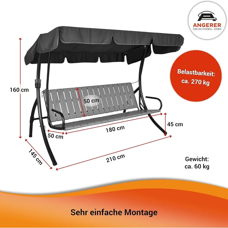 Angerer Freizeitmöbel GmbH Hollywoodschaukel Comfort - Gartenschaukel Made in Germany - Schaukel zum Sitzen, Liegen und Entspannen - mit Bett-Funktion - einfache Montage (Rot-Orange-Grün gestreift) – Bild 2