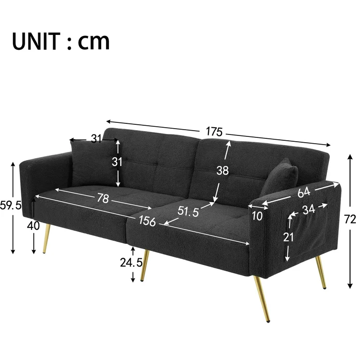 Schlafsofa mit Lammwollbezug, hochdichte Schaumstoffkissen, Rückenlehne neigbar bis 180°, vergoldete Beine, dunkelgrau – Bild 8