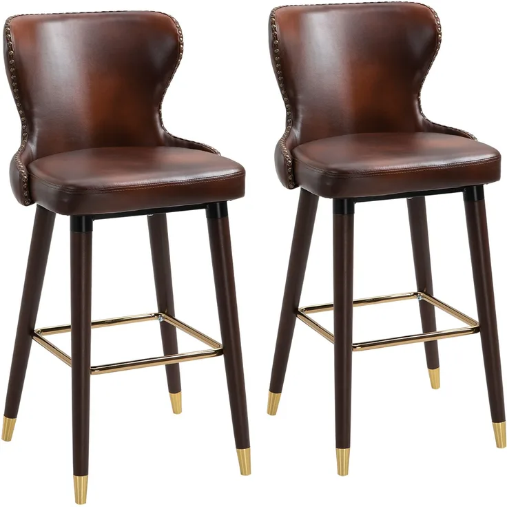 Barhocker 2er-Set eleganter Bistrostuhl mit Fußstütze & Rückenlehne, Esszimmerstuhl PU Braun 52x53x101cm--Braun--52x53x101cm--YOUDENOVA