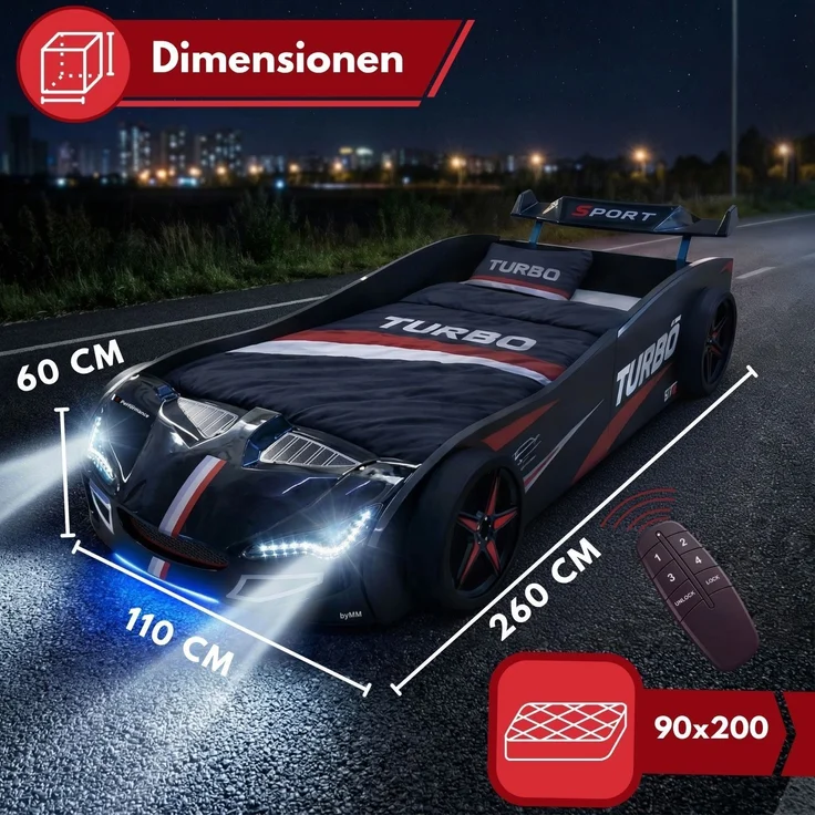 Autobett GTE Kinderbett im Rennwagen-Design mit Lattenrost Farbe Schwarz – Bild 2