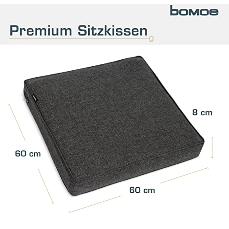 bomoe Outdoor Loungekissen 60x60cm, 8cm dickes Sitzkissen mit waschbarem Bezug, UV-beständig, anthrazit – ideal für Gartenmöbel und Rattan-Lounges – Bild 5