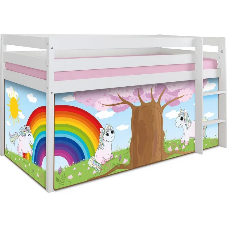 Hochbett "Einhorn Rainbow" 90x200 Kiefer massiv weiß