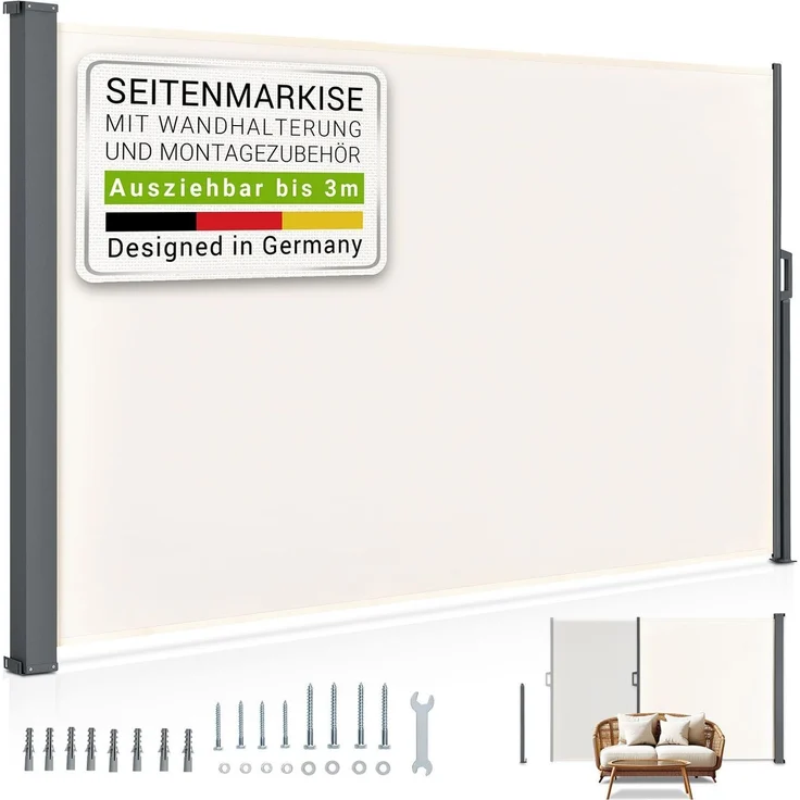 Juskys Seitenmarkise Dubai 300 x 160 cm ausziehbar blickdicht, Sichtschutz für Balkon & Terrasse, Seitenrollo mit Wandhalterung – beige – Bild 1
