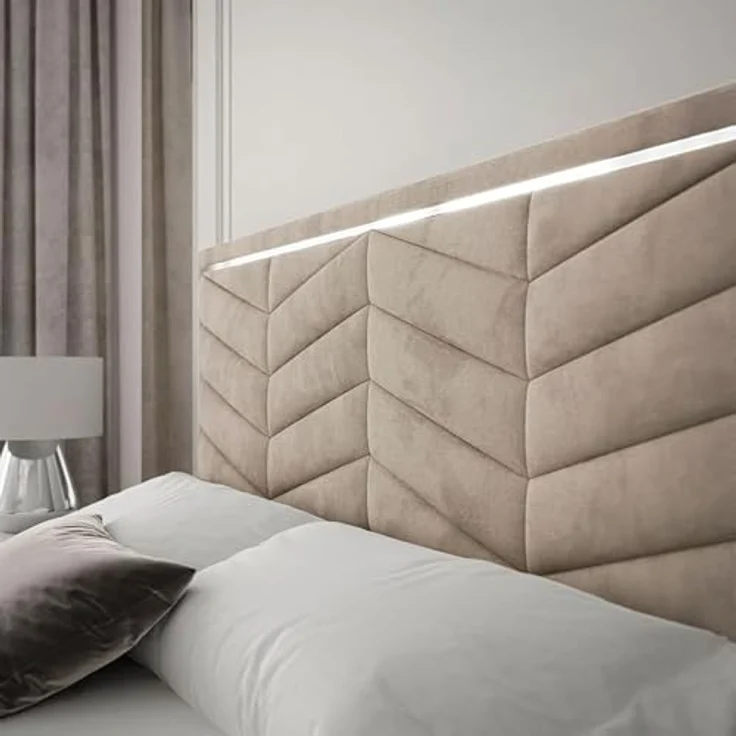 Lookway Polsterbett 180x200 cm, Beige, gepolstertes Kopfteil mit Goldenen Füßen und Bettkasten mit Gasdruckfedern – Bild 5