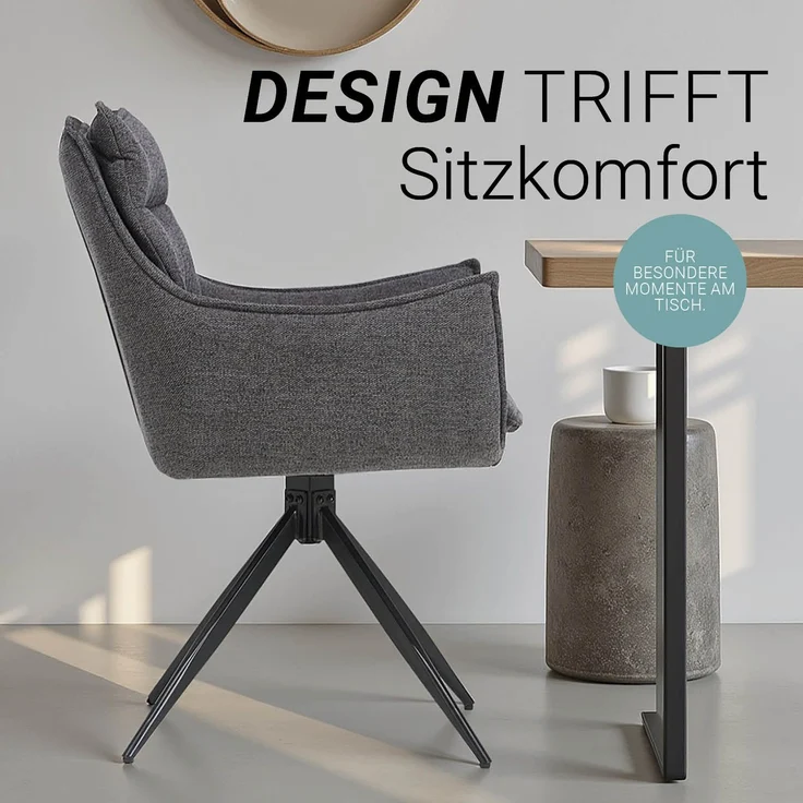 Esszimmerstühle Drehbar Set 2 Stühle für den Esstisch Drehstuhl mit Armlehne Stoff Anthrazit Polsterstühle Sessel Modern – Bild 6