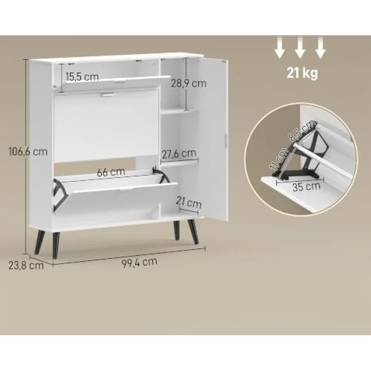 HOMCOM Schuhkipper Schuhaufbewahrung mit 2 Klappen, 2 Türen, verstellbare Trennwand (Schuhkommode, 1 St, Schuhschrank), für ca. 10-12 Paar Schuhe, Soft-Close – Bild 3