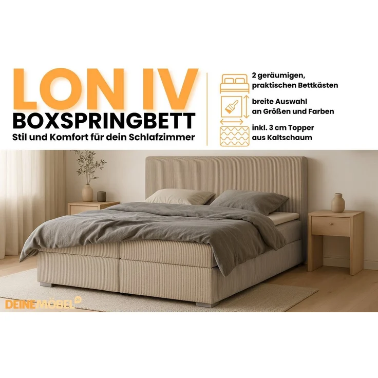 Deine Möbel 24 Boxspringbett LON IV Boxspring Komplettbett Polsterbett Bonellfederkernmatratzen (Cord Beige Creme Grau Dunkelgrau Graphit Schwarz, 3-St, Boxbett Cord Cord-Samt 140x200 160x200 180x200 200x200), inkl. Bettkasten Topper Matratzen H3 H4 – Bild 3