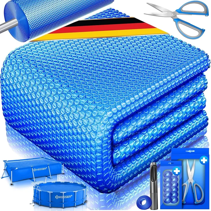 KESSER® Pool Solarfolie 400 µm | Solarplane Poolabdeckung | Solarabdeckplane flexibel zuschneidbar | Poolplane für Wassererwärmung | Solarabdeckung mit Schere, Lochzange & 12 Ösen Blau, 260 x 160cm