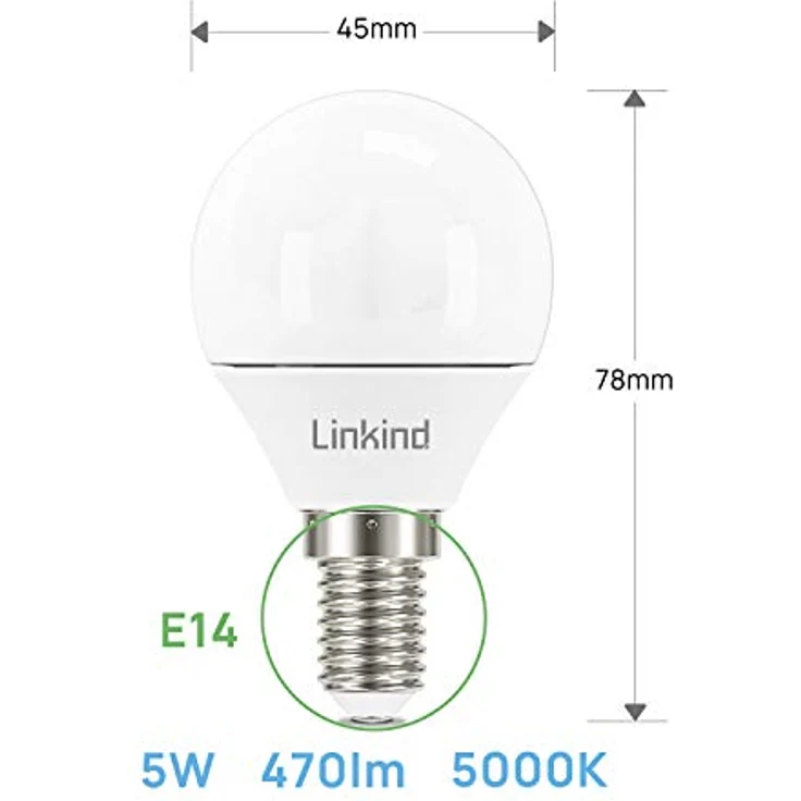 Linkind E14 Dimmbar Led 4.5W Golf Ball P45/ G45 Lampe, ersetzt 40 Watt, 5000K Tageslicht-Weiß E14 Leuchtmittel 500LM, 6 Stück – Bild 4