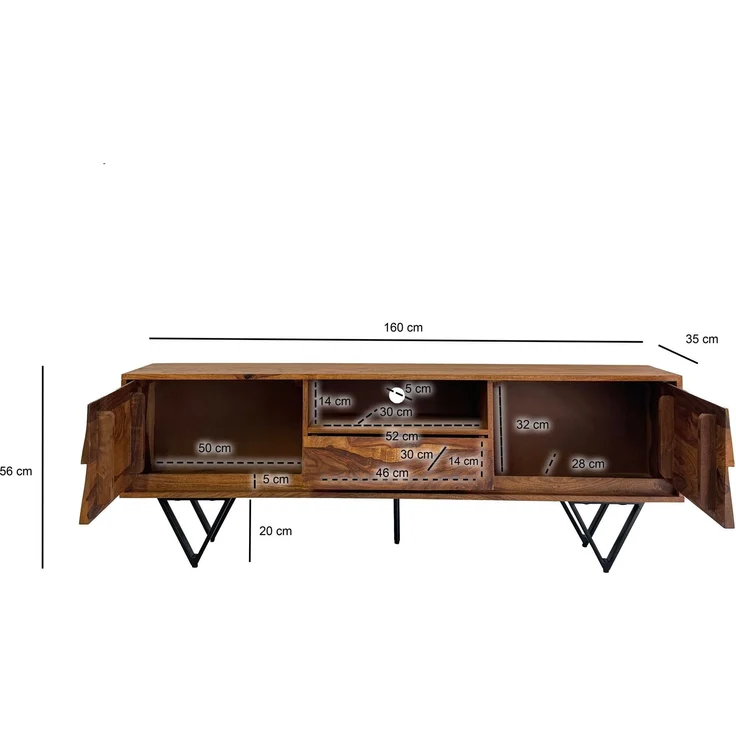 FineBuy TV Lowboard Sheesham Massivholz 160 cm, Fernsehtisch mit Türen, Schublade, offenem Fach & Kabeldurchlass, TV Board mit 3D Fronten & schwarzen Metallfüßen im Industrial Design – Bild 3