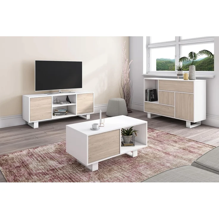 Skraut Home | Couchtisch mit Türen | 92 x 50 x 45 cm | Esszimmer | Modell Wind| Farbe Weiß/Eiche – Bild 4