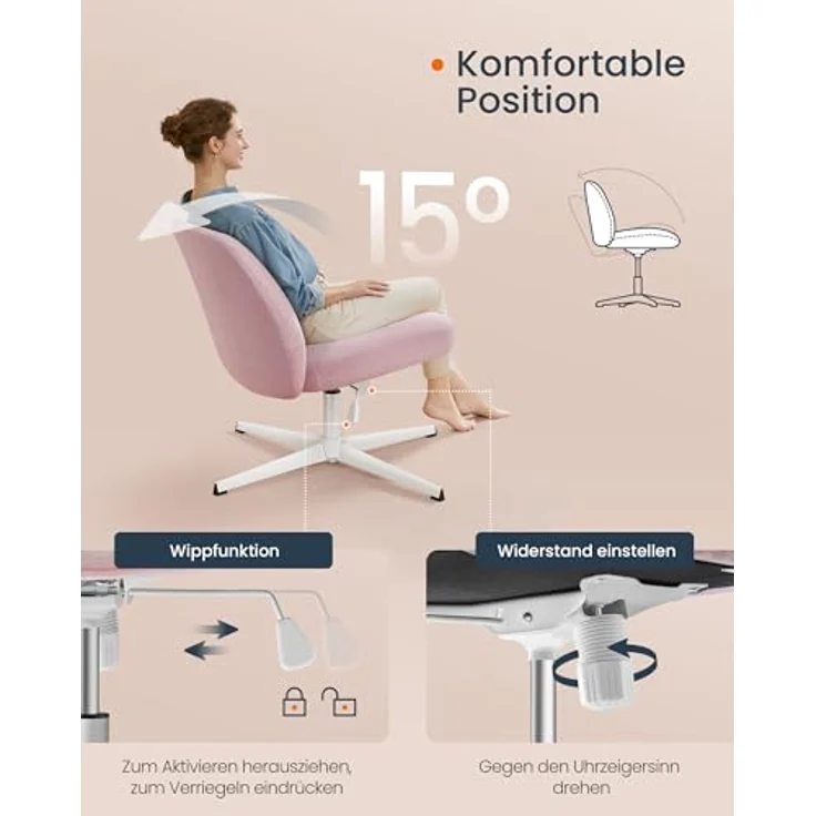 Songmics HOME Bürostuhl, Schreibtischstuhl, Drehstuhl, breite Sitzfläche zum Sitzen im Schneidersitz, modern, mit Kreuzfuß/Fußkreuz, höhenverstellbar, Wippfunktion, für Büro, Homeoffice, pastellrosa OBGDE046R01 – Bild 8