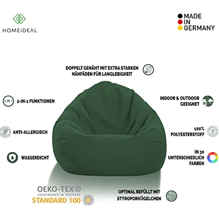 HomeIdeal - Sitzsack XXL Bodenkissen für Erwachsene & Kinder - Geeignet für Gaming oder Entspannen - Indoor wie Outdoor da er Wasserfest ist - mit EPS Perlen, Farbe:Dunkelgrün, Größe:XXL – Bild 3