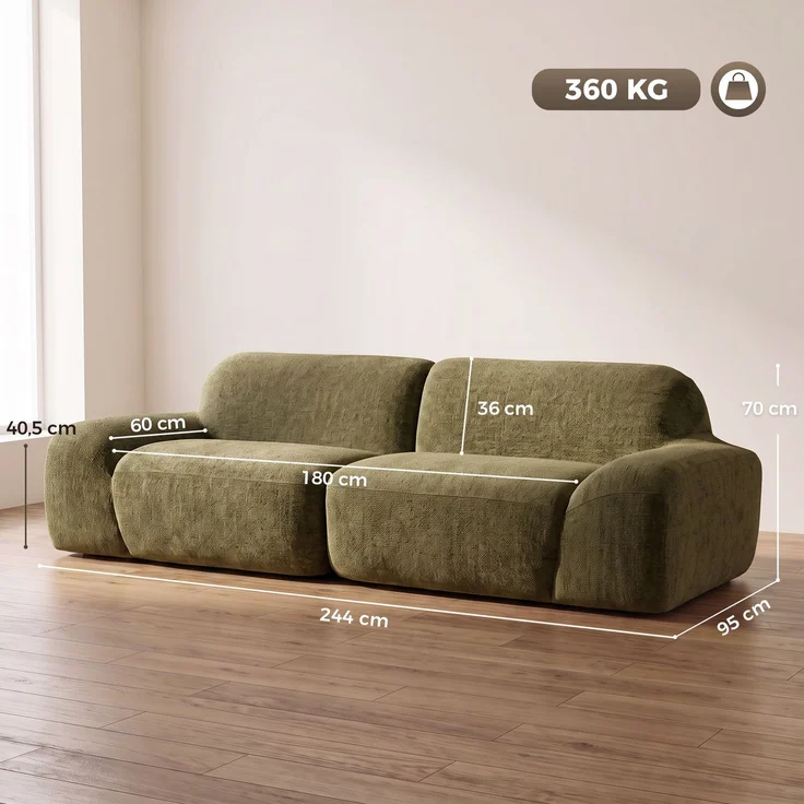 HOMCOM 3-Sitzer-Sofa, Chenille (100 % Polyester), Schaumstoff, Dunkelgrün, 244 x 95 x 70 cm – Bild 3