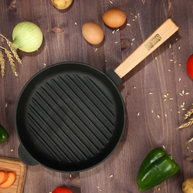 Ø26cm Grillpfanne aus Gusseisen mit Glasdeckel Induktion Holzgriff Bratpfanne Pfanne Feuerpfanne – Bild 6