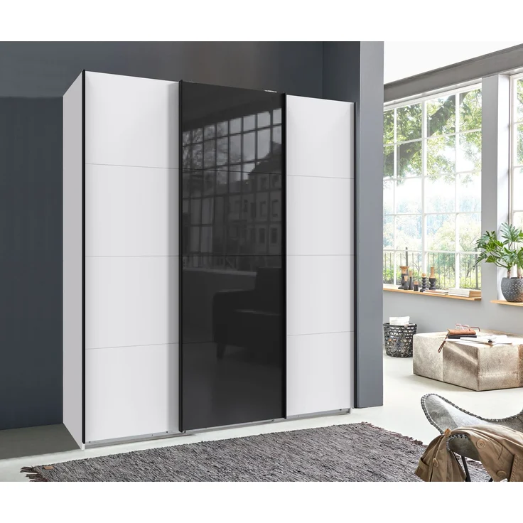 Schwebetürenschrank Kleiderschrank B180 cm H208 cm 3-türig Weiß, 1x Tür Glas Schwarz – Bild 3