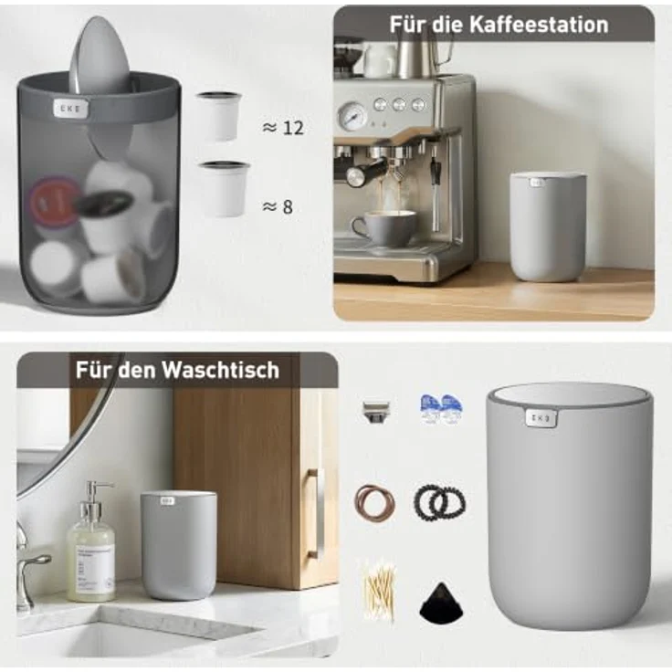 EKO Mini Tischmülleimer mit Schwingdeckel, 1,5 Liter Kosmetikeimer, kleiner Schreibtisch-Mülleimer, runder Tischabfalleimer für Büro, Bad, Schreibtisch, Schlafzimmer (Grau) – Bild 8