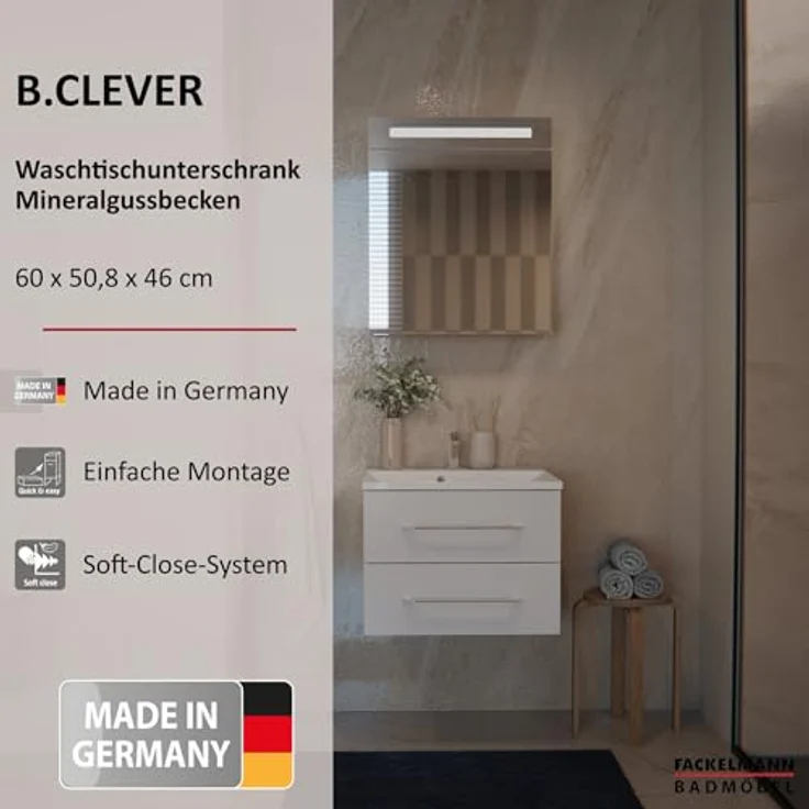 FACKELMANN B.CLEVER Waschbecken mit Unterschrank 60 cm breit, Weiß, Waschbecken Gussmarmor Weiß – Bild 4