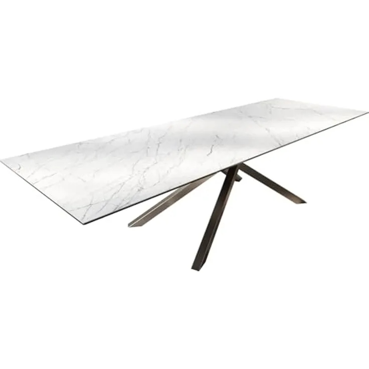 Outdoortisch Edge 300x100 cm Keramik Laminam® Statuarietto Weiß Kreuzgestell Rechteck Edelstahl
