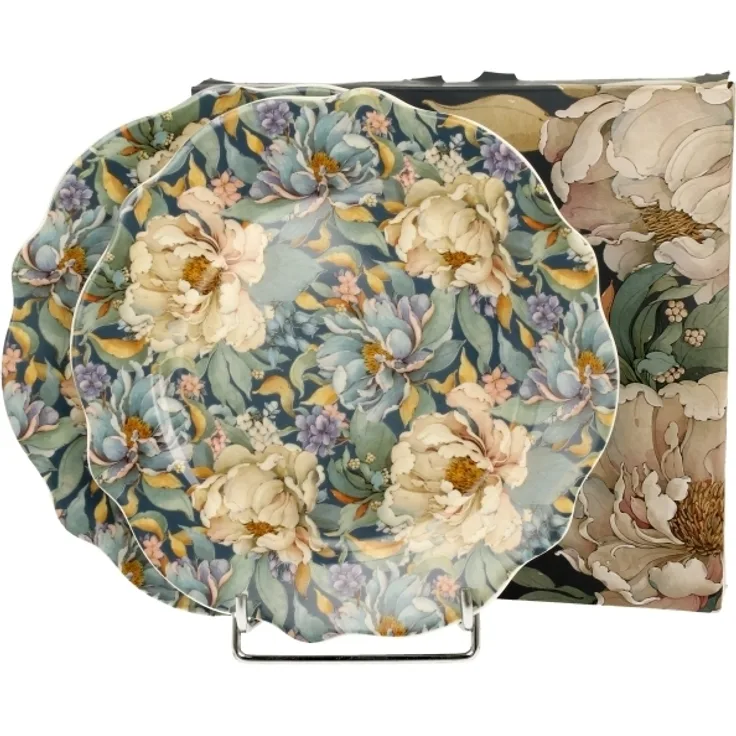 DUO FLOWERS ROYAL Dessertteller 2er Set PEONY BLUE aus New Bone China Porzellan