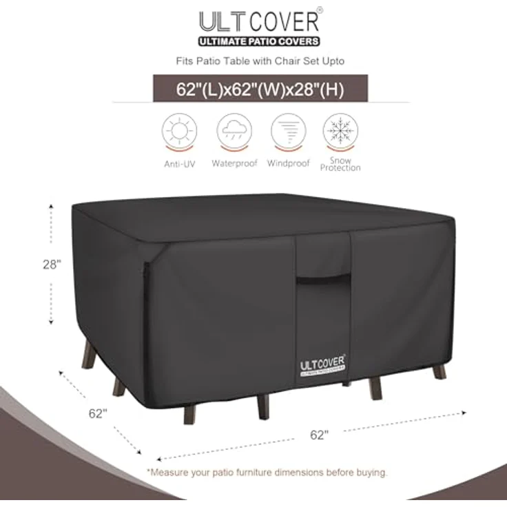 ULTCOVER 600D Abdeckung aus robustem Segeltuch, strapazierfähig, quadratisch, für Terrassentische und Stühle, wasserdicht, für den Außenbereich, Allzweck-Möbelabdeckungen, 157,5 cm, Schwarz – Bild 3