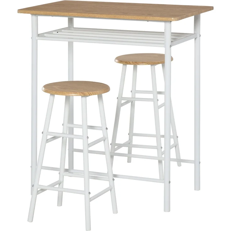 Bartisch Set 3-teilig Esstisch mit 2 Barhocker Essgruppe Küchentisch und Stühle Stehtisch und Barhocker mit Lagerregal MDF-Platte Stahl Weiß+Eiche 80 x 50 x 90 cm--Weiß--80x50x90cm--YOUDENOVA – Bild 1