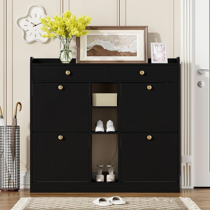 Schuhschrank, Spanplatte mit 4 Klapptüren & 2 Schubladen, 110x26x100 cm, Schwarz – Bild 2