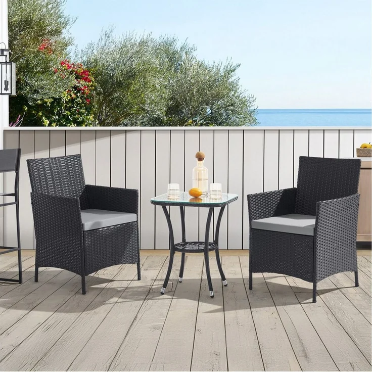 SVITA Balkonset BROOKLYN BISTRO, (Set (3-tlg), 1 Tisch, 2 Stühle), Sitzgruppe, Polyrattan, inkl. Kissen, Schwarz