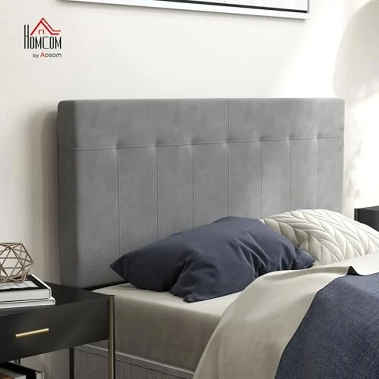 HOMCOM Kopfteil 3-Fach höhenverstellbar Bettkopfteil mit Metallbeinen gesteppt Polsterkopfteil mit Samtoptik für Schlafzimmer 140 x 10 x 106/116/126 cm Grau – Bild 2