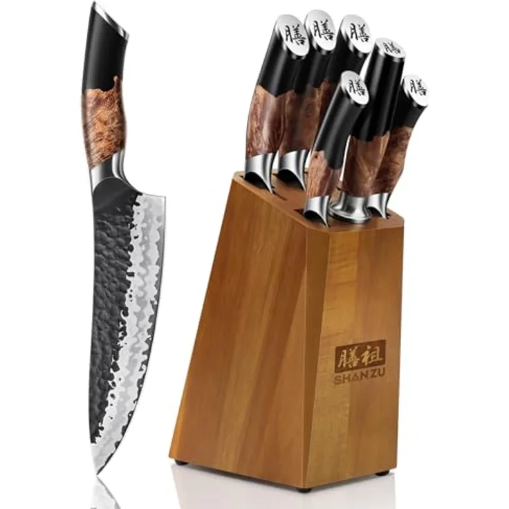 SHAN ZU Messerset 7 teilig, Japanisches Küchenmesser Set mit Block, 7 Schichten Hochwertigem Carbon Stahl Scharf Messerset für die Küche, Professionelles Kochmesserset mit Schärfer | 7 Lagen Carbonstahl & 10Cr15MoV-Stahlkern, Wetzstahl, Ahornholz-Griff...
