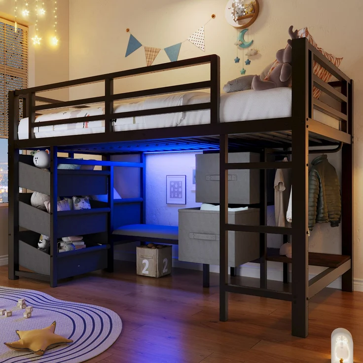 Kinderbett Halbhohes Bett 90x200 cm aus Metall mit LED-Beleuchtung, Sitzkissen, Stauraumschublade und Aufhängebereich – Bild 2