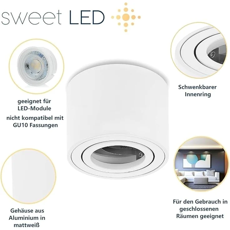 Sweet LED Aufbauleuchte 4er Set Deckenspots 50mm weiß-matt rund – geeignet für LED-Modul 230V, flach, ohne Leuchtmittel, Aufbaustrahler LED, Deckenstrahler – Bild 6