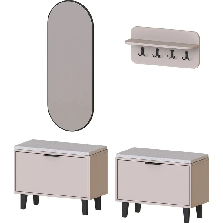 Roomart NORD Garderobenset 4-teilig – 2 Sitzbänke mit Schuhklappe, Wandgarderobe & ovaler Spiegel – Flurgarderobe – H 53 x B 73.6 x T 35 cm (Sitzbank) • Beige – Bild 7