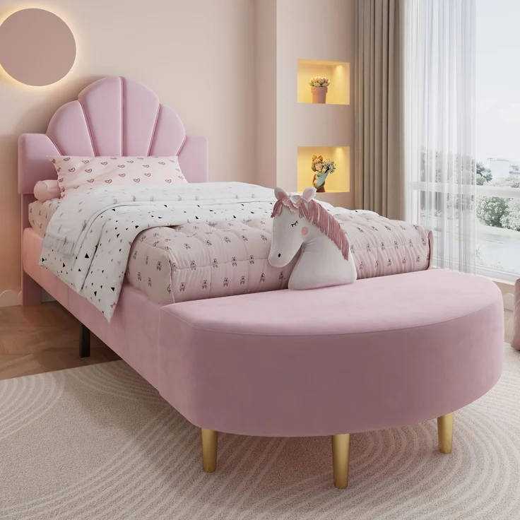Merax Polsterbett, 90 x 200cm Einzelbett, Kinderbett mit Samtkopfteil, Mit einer Bettbank in gleicher Farbe, Weiche Antikollisions-Schwammkante, Rosa – Bild 2