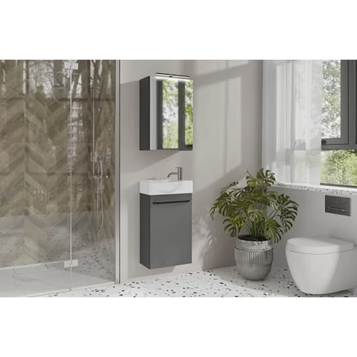 byLIVING Spiegelschrank Spree/Korpus matt anthrazit mit Spiegeltüren/Hängeschrank mit Soft-Close-Funktion/Inkl. LED-Beleuchtung/Badschrank mit Stecker- und Schalterdose/B 40, H 60, T 20 cm – Bild 2