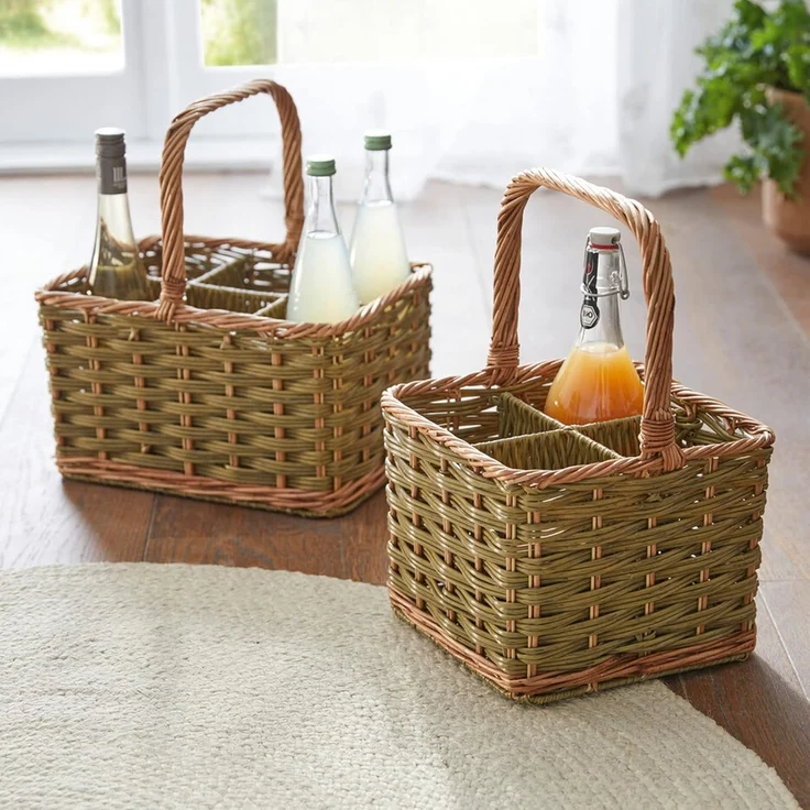 Flaschenkorb für 6 Flaschen Korb Weidengeflecht Aufbewahrungskorb Picknick grün – Bild 2