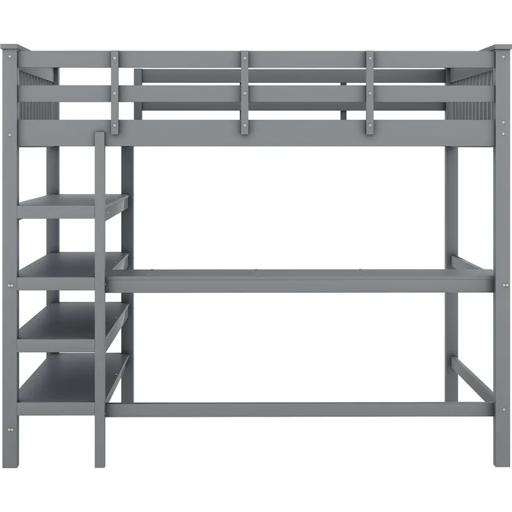 Hochbett 140x200 cm Kinderhochbett mit Schreibtisch, Ablagefächern, Kiefernholz + MDF, Grau, sichere Leiter – Bild 7